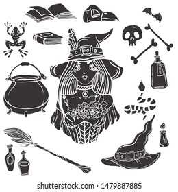 Halloween set with beautiful witch and witchcraft: cauldron, frog, snake, hat, bottle, poison, broom, vector illustration