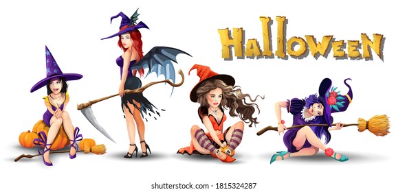 Halloween set with beautiful witches. Collection of different cute beautiful witches. Girl is sitting, resting, thinking, smiling. Isolated vector illustration in cartoon style