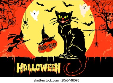 Halloween set of black angry cat and witch on full moon and orange sky background with spooky branches, bats and ghosts. Vintage style hand drawn vector illustration.