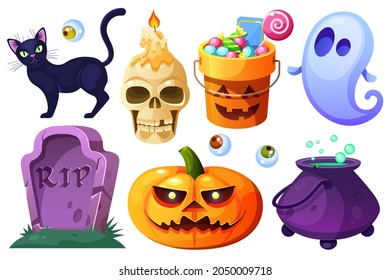 Halloween set with a black cat, cauldron, pumpkin bucket with sweets, ghost, old gravestone, pumpkin lantern, eyes,a skull with a candle. Vector cartoon isolated on white background