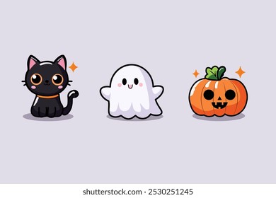 Halloween set. Black cat, ghost, pumpkin