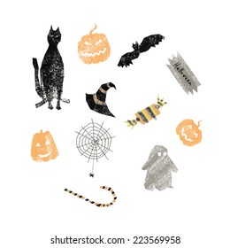 Halloween set with black cat, hat, bat, ghost, spider, candy and orange funny pumpkins