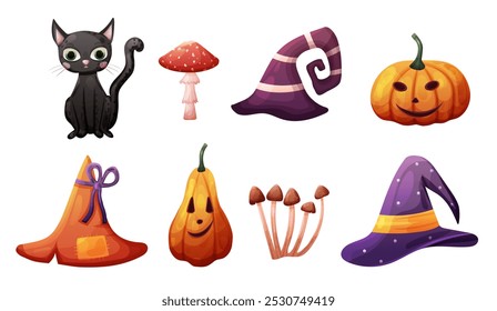 Halloween set with black cat, witch hat and pumpkin