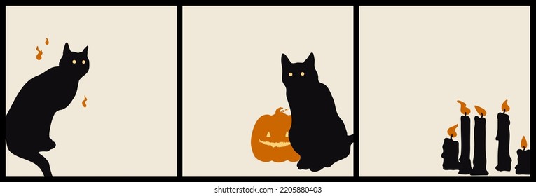 Halloween Set of black cats and candles, pumpkin.