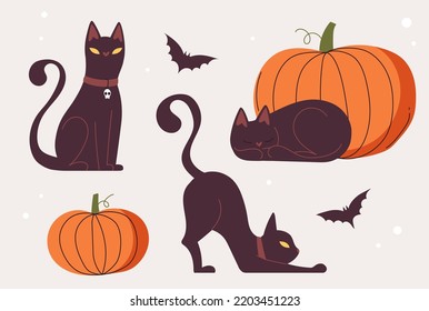 Halloween set with black cats, pumpkins and bats. Flat vector illustration in boho style isolated on white background.