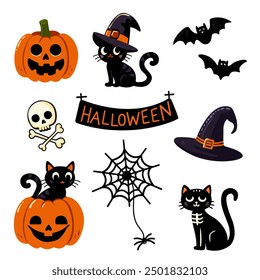 Conjunto de Halloween gatos negros, calabazas, cráneo, araña y Web, murciélagos. Personajes y Elementos para Halloween en Vector. Aislado