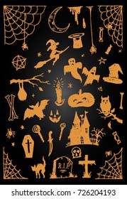 Halloween set in black and orange colors. Pumpkin, candle, lantern, witch broom and hat. Bat, castle, ghost. Hand drawn vector stock illustration