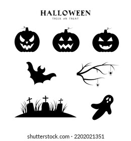 Halloween set with black silhouette of pumpkins, tree, spider, ghost, bats and graves on cemetery. Vector illustration