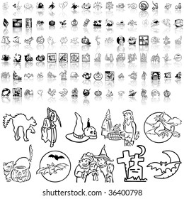 Halloween set of black sketch. Part 3. Isolated groups and layers.