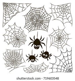 Halloween set of black spider web and three spiders isolated on white background. Vector design elements.