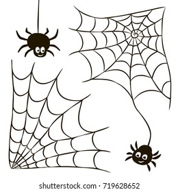 Halloween set of black spider web and spiders isolated on white background. Vector design elements.