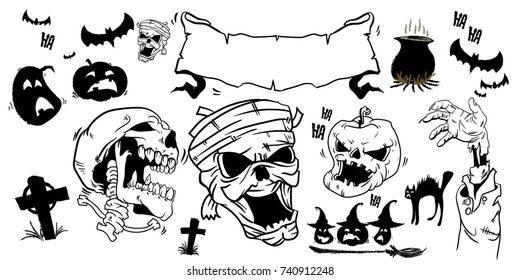Halloween set. Black vector icon silhouette isolated on white background