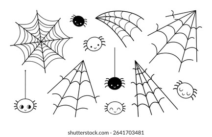 Halloween set with black and white spiders and spiderweb. Spooky seasonal elements, hand drawn vector illustration in flat style
