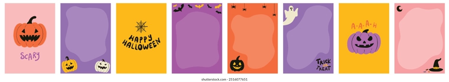 Halloween set of bright colorful cards, template for design, party invitations