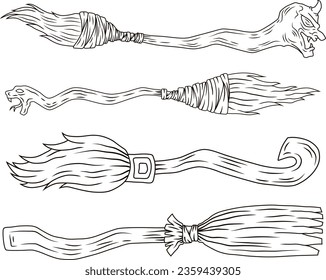 halloween set Broom witch line art.vector illustration set halloween cartoon line art.vector illustration set Broom witch.vector illustration Broom witch line art.