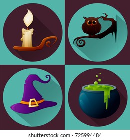 Halloween set. Burning candle, owl sitting on branch, witch hat and pot of potion. Vector illustration for holiday