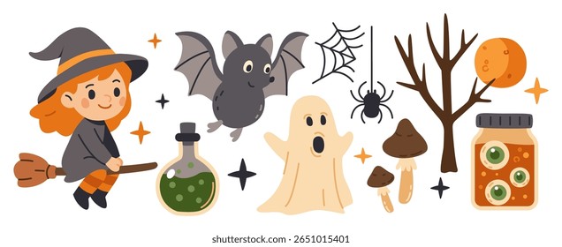 Halloween conjunto de comida enlatada com globos oculares, morcego, poção mágica, bruxa em um vassoura, cogumelos, árvore nua, aranha, teia, lua cheia. Para produtos infantis, convites para festas, scrapbooking, impressões