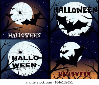 Halloween set of cards with a bat and a spider on a background of the moon. The black bat flies at night and the spider hangs on the web. Vector illustration