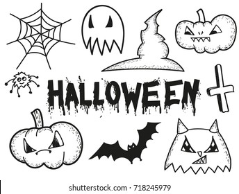 Halloween set of cartoon evil pumpkin, cat face, bat silhouette, spider, net, ghost, cross, hat and hand written text with spray paint ink. Monochrome background