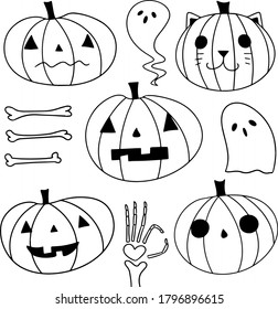 Halloween set of cartoon pumpkins on white background. Drawn by hand doodle halloween elements. Post card decorations.