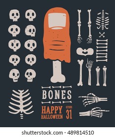 Halloween. Set of cartoon skulls and bones. Vector illustration.
