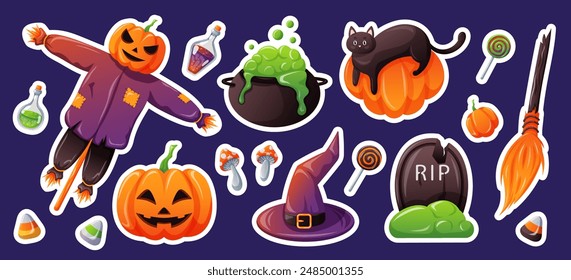 Halloween set in cartoon style. Icons hat, candy, pumpkin, cauldron, tombstone, cat, potion. Design for greeting card, party invitation, poster, stickers. Vector illustration on a violet background.