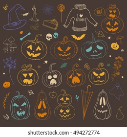 Halloween set with carved pumpkins, flowers, autumn leaves, ghost, witch hat. Vector halloween hand drawn doodles.