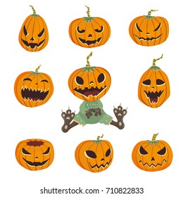 Halloween set with carved pumpkins. Vector illustration, isolated on white background.
