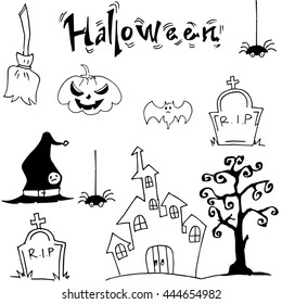 Halloween set castle hat pumpkins tomb illustration