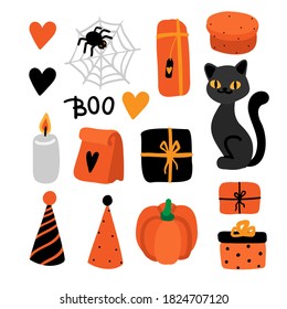 halloween set with cat on the white background