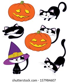 Halloween set with cats and pumpkins