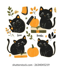 Halloween, set with cats and pumpkins. Decorative elements, pumpkins, ghosts, cats.
