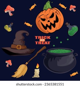 Halloween set. Cauldron with potion, witch hat, pumpkin, witch broom, candies, mushrooms, witch hat. Vector illustration