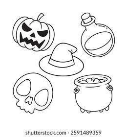 Halloween set. Cauldron, pumpkin, skull, witch hat. Vector illustration