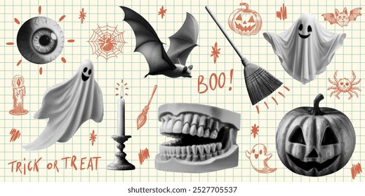 halloween set celebration concept design with pumpkin ghost bat eyeball eye broom candle jaw retro halftone dotted cutout autumn season holiday collage elements isolated hand drawn doodle background