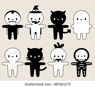 Halloween Set Characters in black and white color, witch, black cat, devil, ghost, count Dracula, mummy, pumpkin, skeleton / cute icons