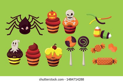 Halloween set of characters and candies on green background ,vector illustration graphic design.
