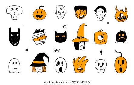 Halloween set of characters monster, ghost, pumpkin, cat, witch, zombie and spider.  Vector illustration creepy avata on 31 October.