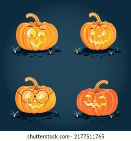 Halloween set of cheerful pumpkins with glowing eyes in cartoon style on a dark background. Vector illustration to decorate a flyer, poster, invitation or social media ad for Halloween.