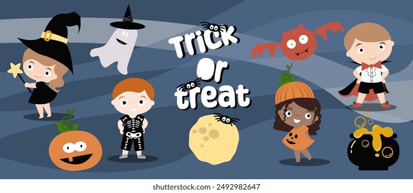Halloween set of сute children in monster costumes. Happy pumpkin, creepy ghost, skull, web, cauldron and bat. October holiday stickers, design elements