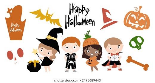 Halloween set of сute children in monster costumes. Happy pumpkin, creepy ghost, skull, cauldron and bat. October holiday stickers, design elements isolated on white background