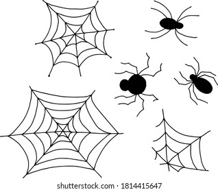 Halloween set of cobwebs and spiders. Black silhouettes of drawings. White background, isolator. Stock illustration.