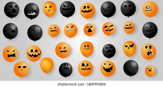 halloween Set Collection balloons Scary and funny glowing faces of pumpkin or ghost. collection.