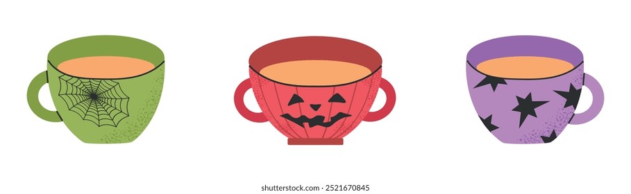 Halloween set collection with cups coffee, hot chocolate, tea, pumpkin latte isolated on white