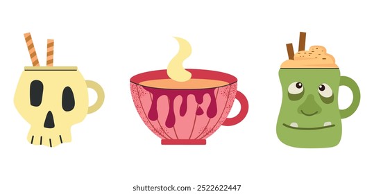 Halloween set collection with cups coffee, hot chocolate, tea, pumpkin latte isolated on white