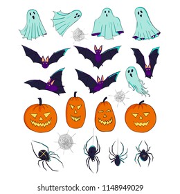 Halloween set. A collection of decorative elements. Pumpkin head, bats, ghosts and poltergeists, spider and cobwebs.