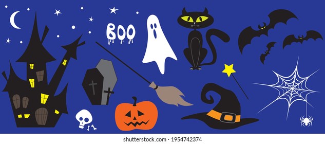 Halloween set collection elements on blue background for greetings. Spider, bats, cat, wizard hat, moon, castle, cemetery, pumpkin isolated icons. Vector illustration.