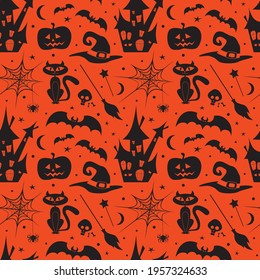 Halloween set collection elements on orange background for greetings. Spider, bats, cat, wizard hat, moon, castle, cemetery, pumpkin seamless pattern. Vector illustration.