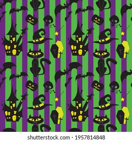 Halloween set collection elements on violet green stripes background for greetings. Bats, cat, wizard hat, castle, cemetery, pumpkin seamless pattern. Vector illustration.