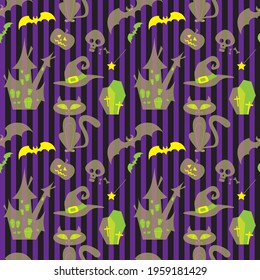 Halloween set collection elements on violet and black striped background for greetings. Spider, bats, cat, wizard hat, moon, castle, cemetery, pumpkin seamless pattern. Vector illustration.